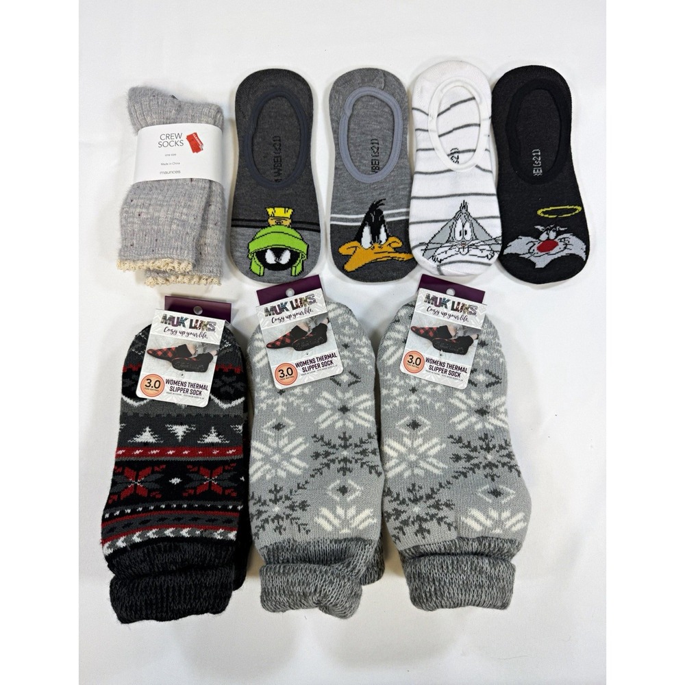 Mixed Brands Thermal No-Show Socks Lot 8 Pairs Muk Luks Looney Tunes Novelty NWT
